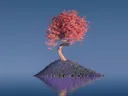 Digitale illustratie van een bloeiende bonsaiboom op een klein drijvend eiland met waterreflectie