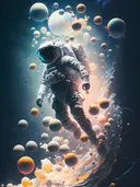 Surrealistische astronaut tussen zwevende bollen