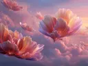Schilderij van zwevende roze bloesems tussen wolken