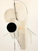 Abstract schilderij met een zwarte bol en zwevende cirkels op een beige achtergrond.
