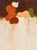 Zwevende vormen in terracotta en olijf, abstract schilderij met organische vormen