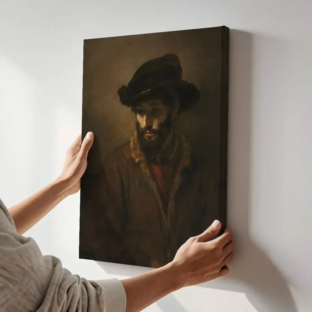 Sfeerimpressie: A Bearded Man Wearing a Hat van Rembrandt van Rijn terwijl het aan de muur wordt gehangen
