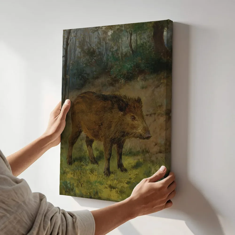 Sfeerimpressie: Een everzwijn van Rosa Bonheur terwijl het aan de muur wordt gehangen