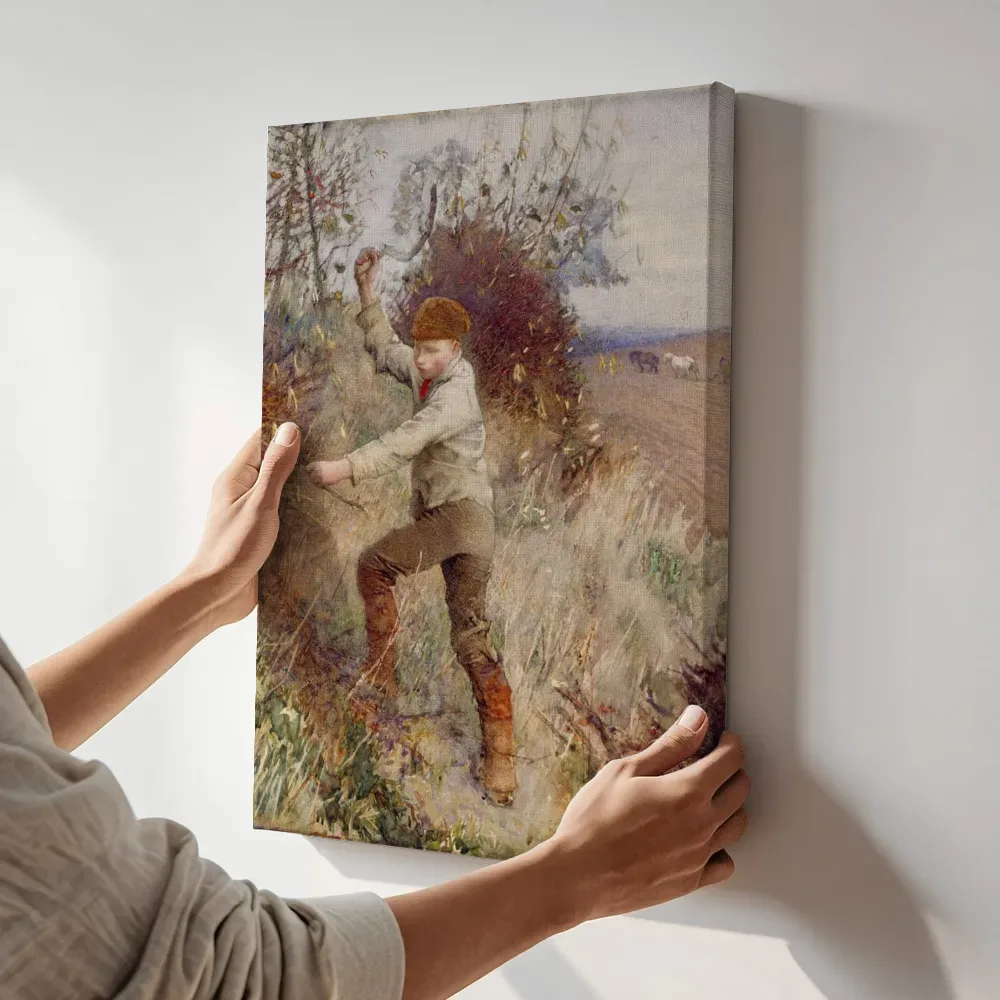 Sfeerimpressie: Een jongen die een stok snijdt van George Clausen terwijl het aan de muur wordt gehangen