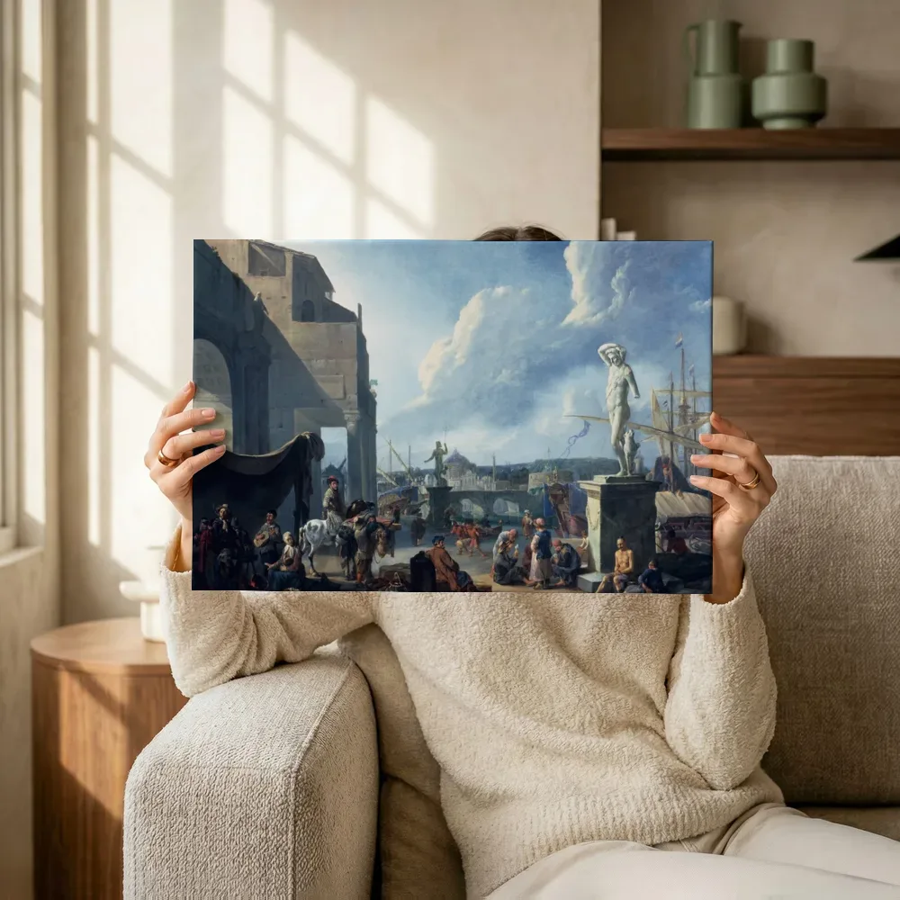 Sfeerimpressie: Capriccio met een gezicht op Rome met het Castel Sant'Angelo van Johannes Lingelbach terwijl het omhoog wordt gehouden