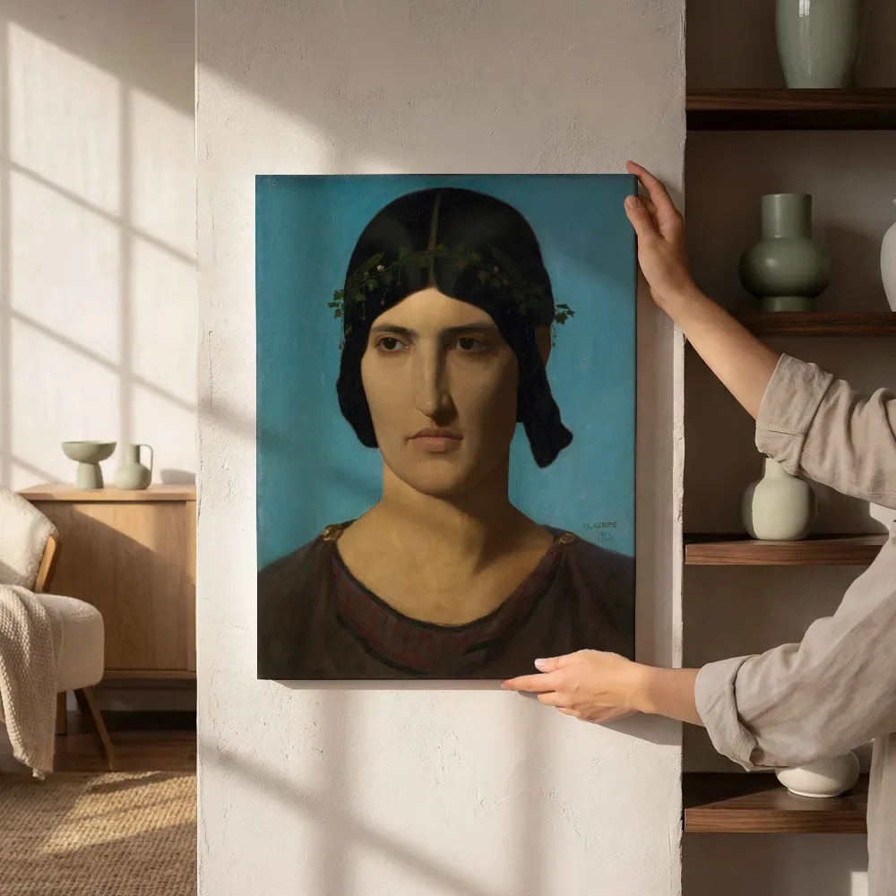 Sfeerimpressie: Kopportret op blauwe achtergrond van Jean-Leon Gerome naast de kast