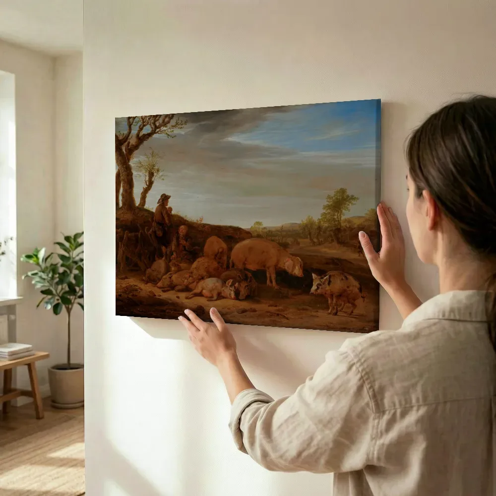 Sfeerimpressie: Landschap met een kudde varkens en de varkenshoeder van Paulus Potter terwijl het wordt opgehangen