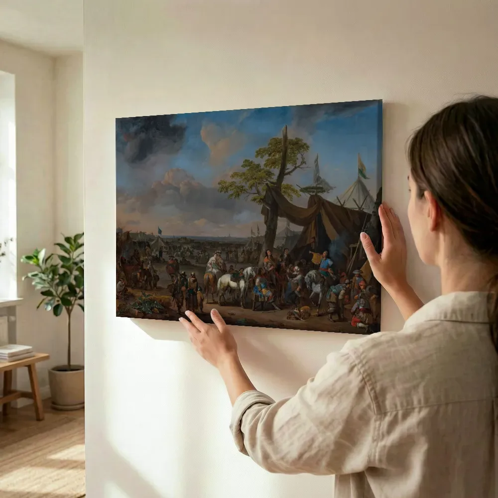 Sfeerimpressie: Een militair kampement van Johannes Lingelbach terwijl het wordt opgehangen
