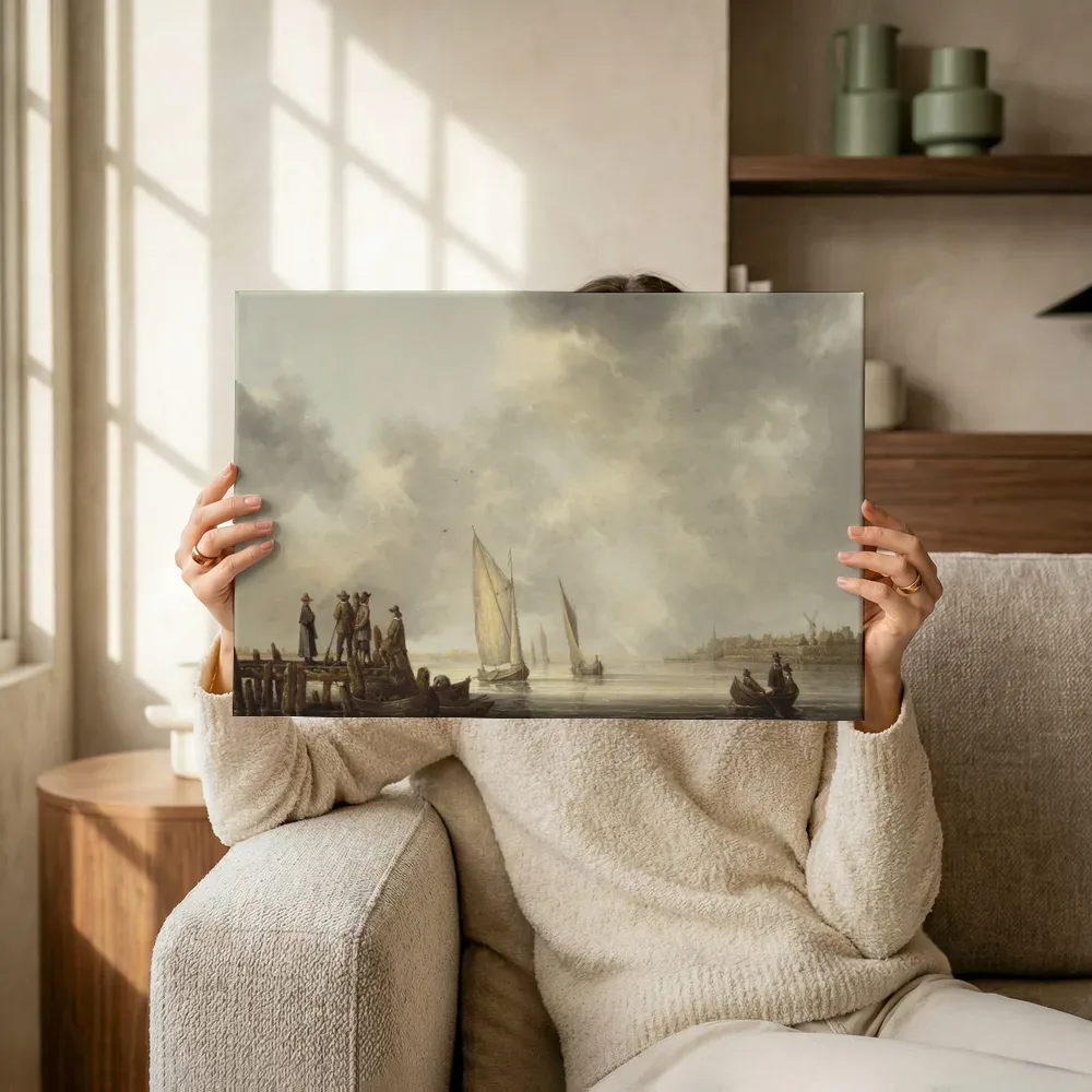 Sfeerimpressie: De pier bij Dordrecht van Aelbert Cuyp terwijl het omhoog wordt gehouden