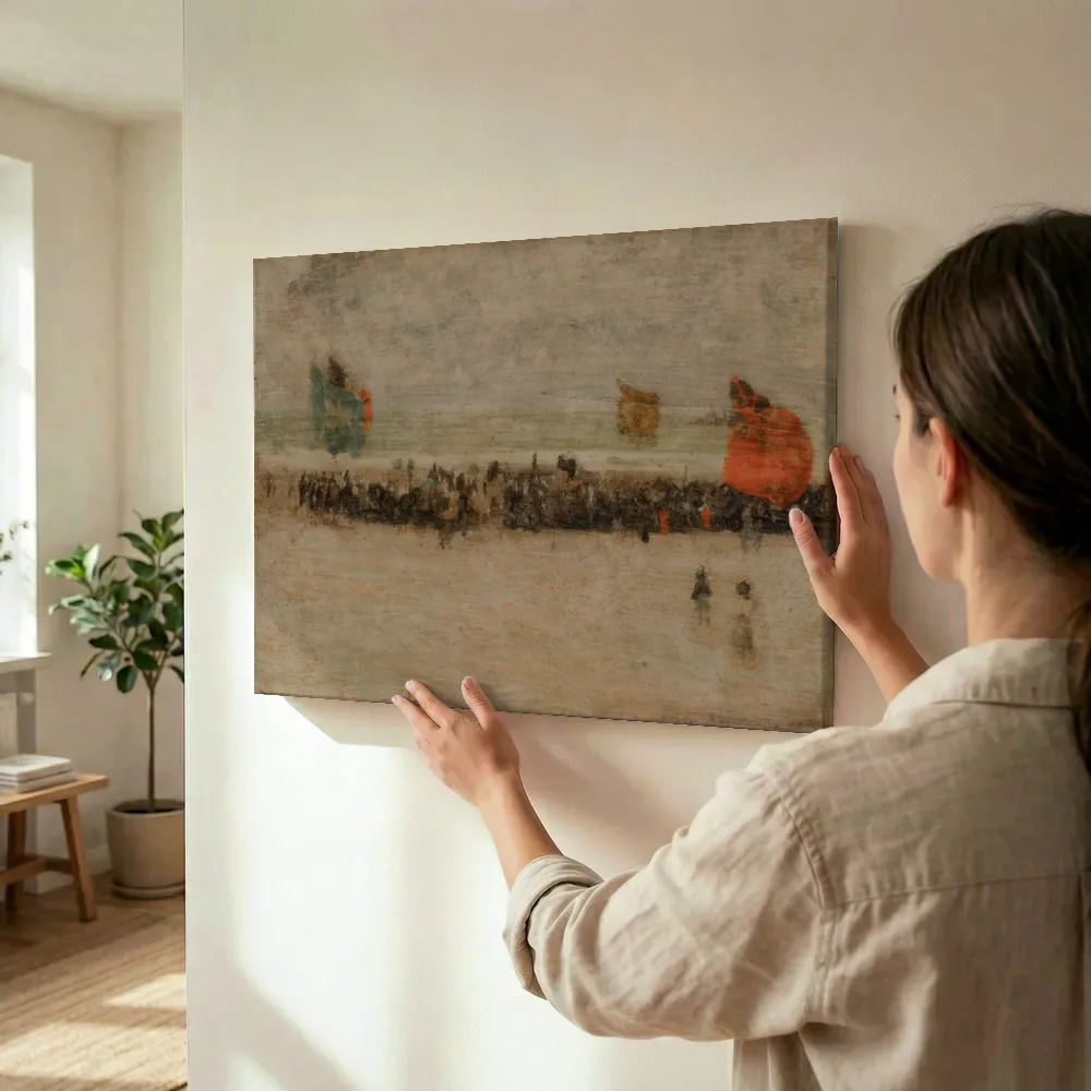 Sfeerimpressie: Een rode noot, feest op het strand, Oostende van James McNeill Whistler terwijl het wordt opgehangen