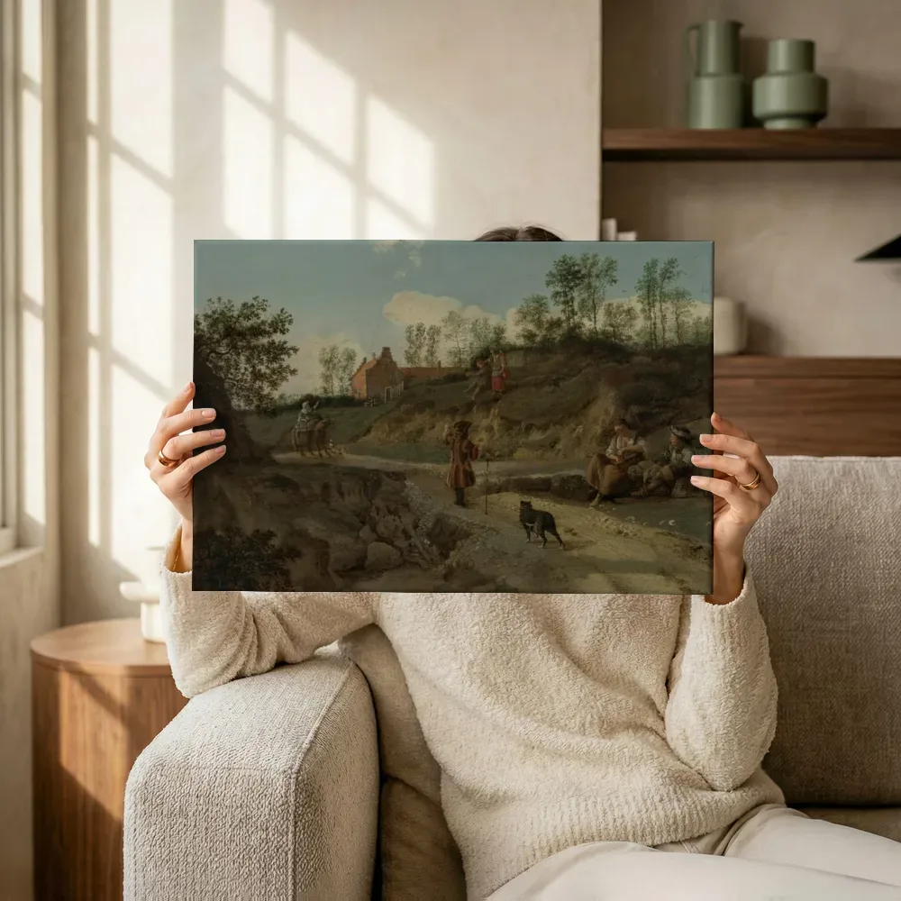 Sfeerimpressie: Een landelijk landschap met pratende figuren van Jan van der Heyden terwijl het omhoog wordt gehouden