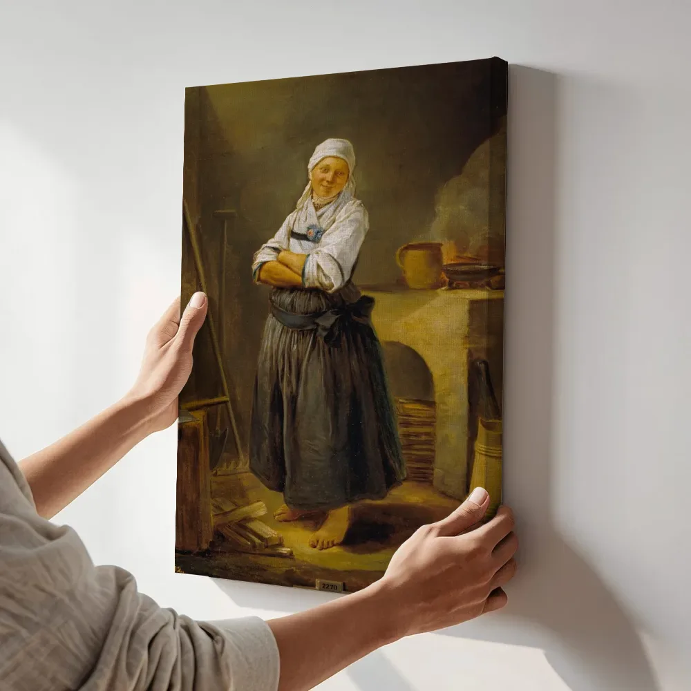 Sfeerimpressie: A Saxon Villager in her Kitchen van Charles Francois Hutin terwijl het aan de muur wordt gehangen