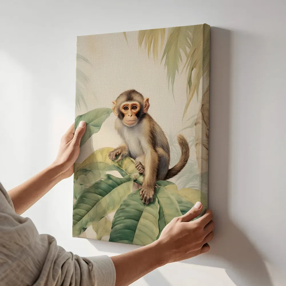 Sfeerimpressie: Aapje tussen de bladeren terwijl het aan de muur wordt gehangen