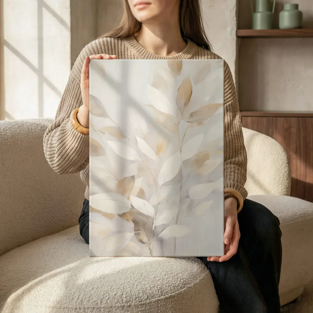 Sfeerimpressie: Abstract bladpatroon in crème en beige terwijl het zittend wordt getoond