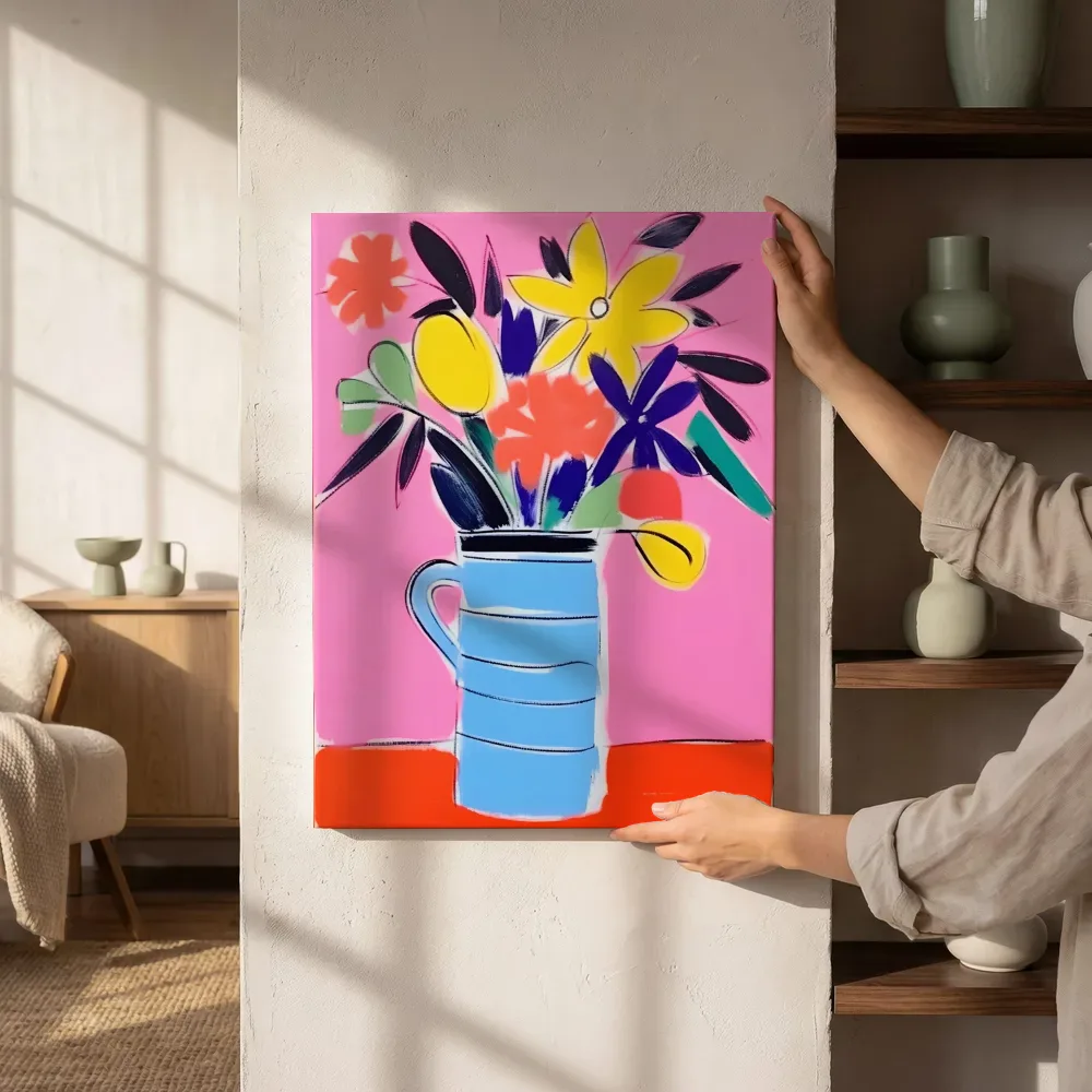 Sfeerimpressie: Abstract bloemenboeket in kan naast de kast