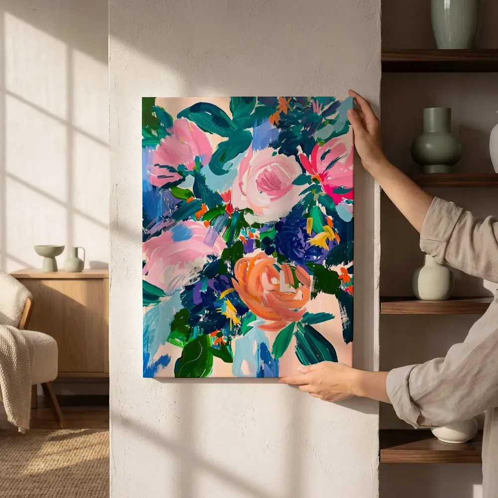 Sfeerimpressie: Abstract bloemenboeket in teal en oranje naast de kast