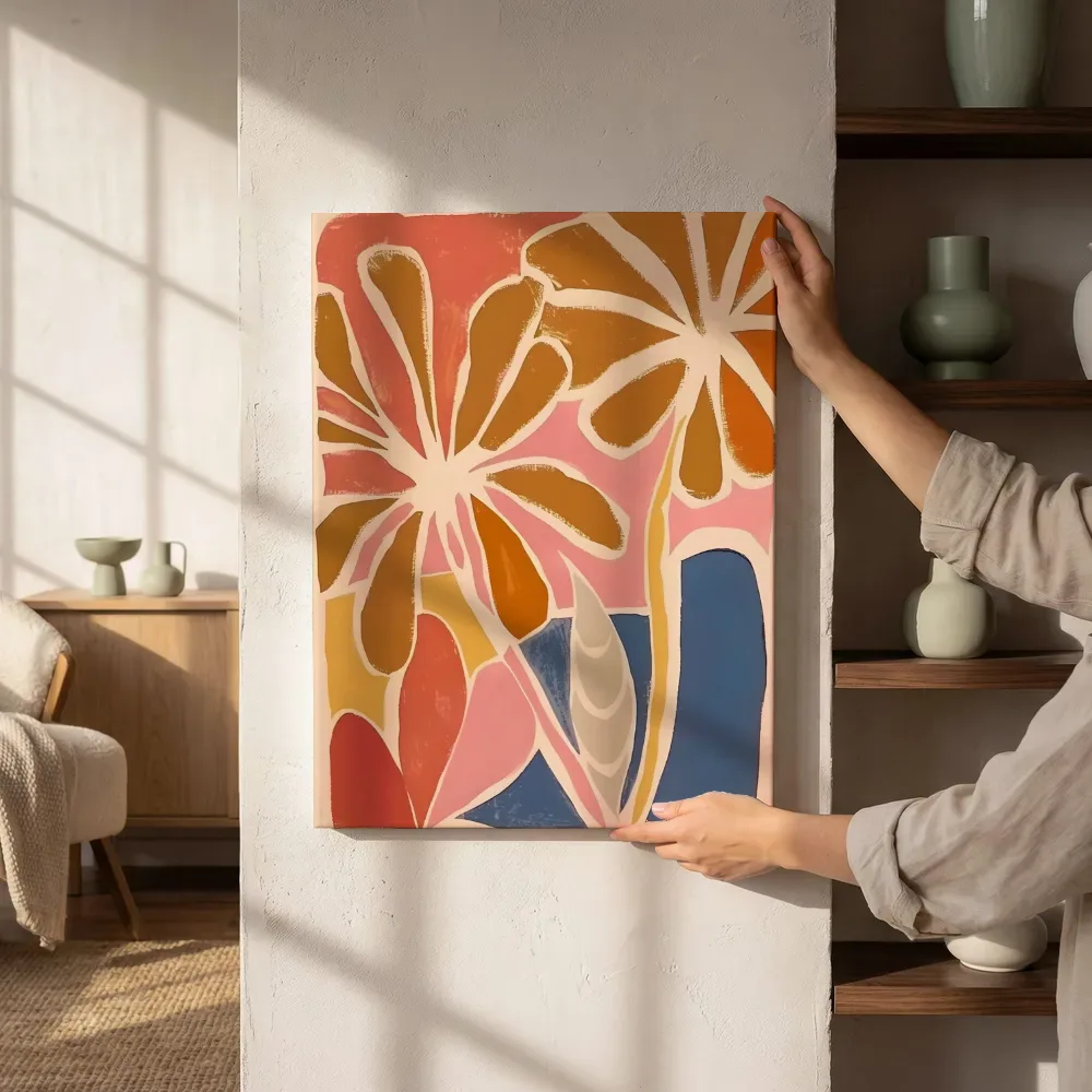 Sfeerimpressie: Abstract bloemenpatroon in pastelkleuren naast de kast