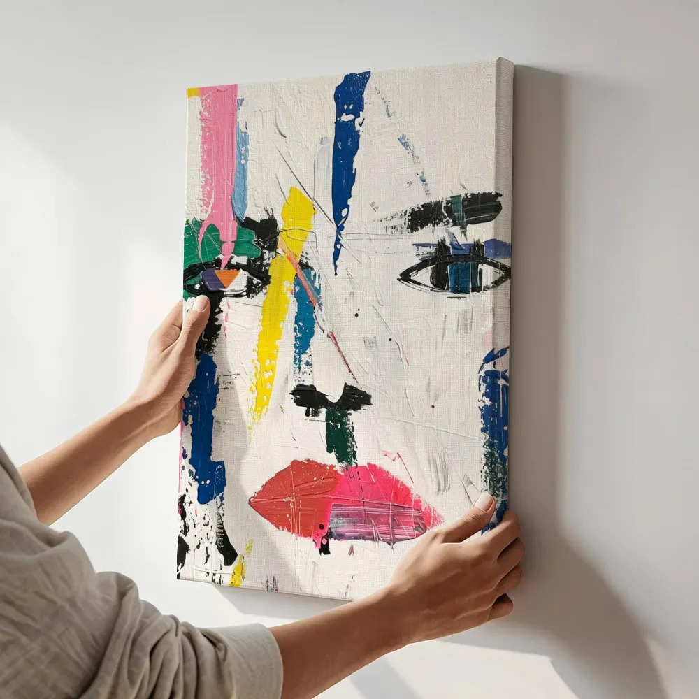 Sfeerimpressie: Abstract gezicht met verfspatten terwijl het aan de muur wordt gehangen