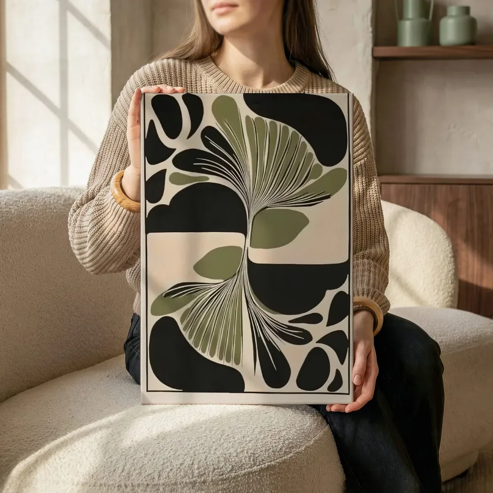 Sfeerimpressie: Abstract ginkgo patroon in zwart terwijl het zittend wordt getoond