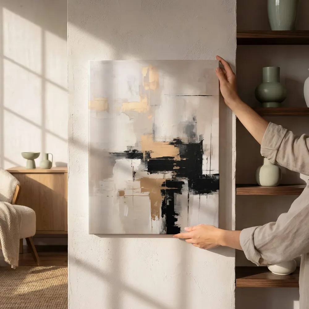 Sfeerimpressie: Abstract goud en zwart op beige naast de kast