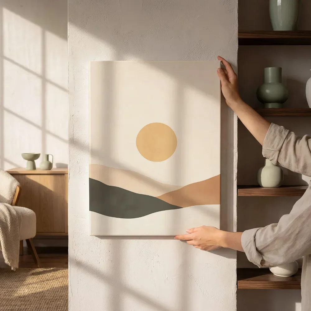Sfeerimpressie: Abstract heuvellandschap met zon naast de kast