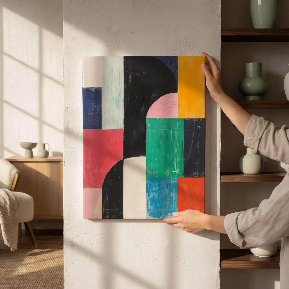 Sfeerimpressie: Abstracte kleurblokken met boog naast de kast
