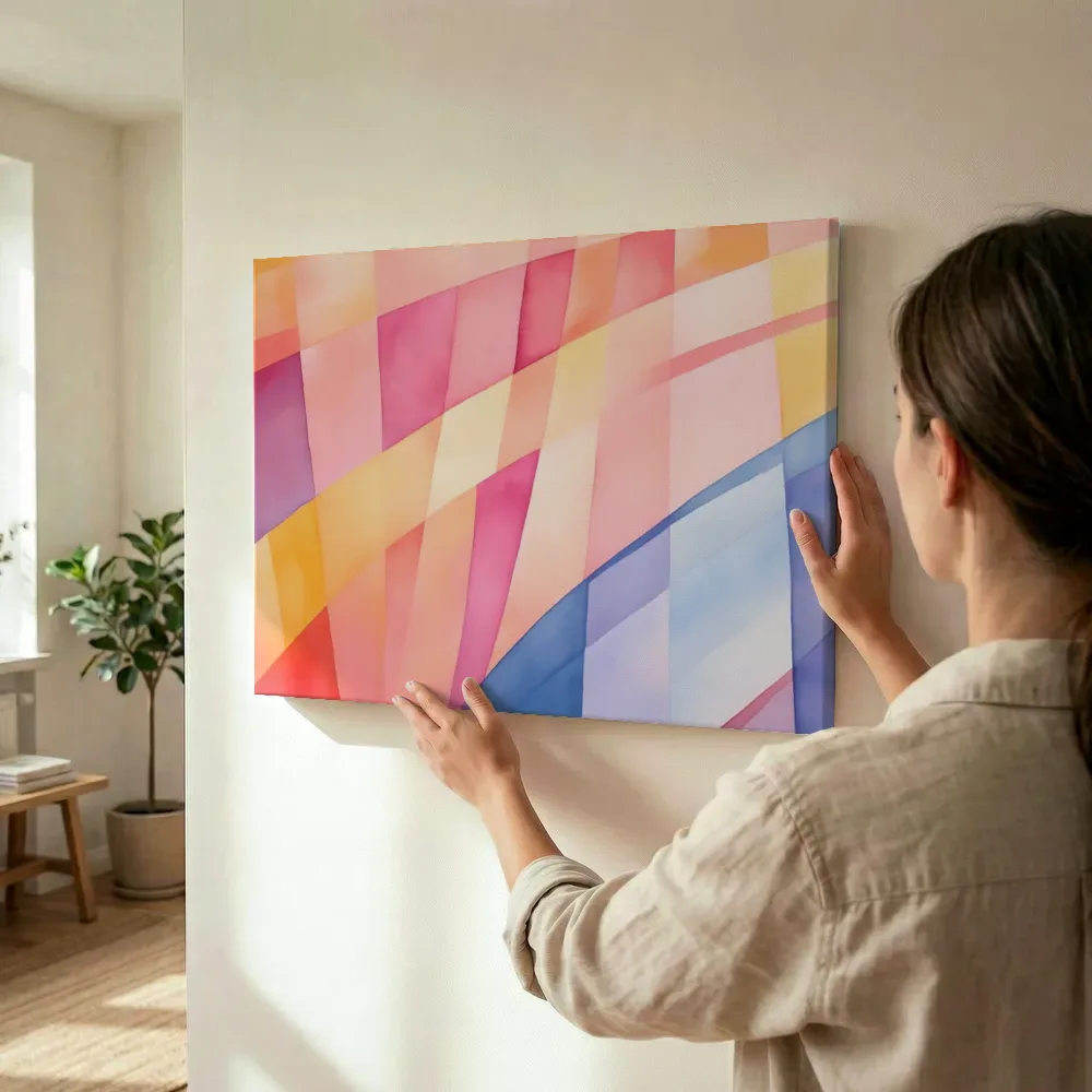 Sfeerimpressie: Abstract kleurenpatroon in roze en blauw terwijl het wordt opgehangen