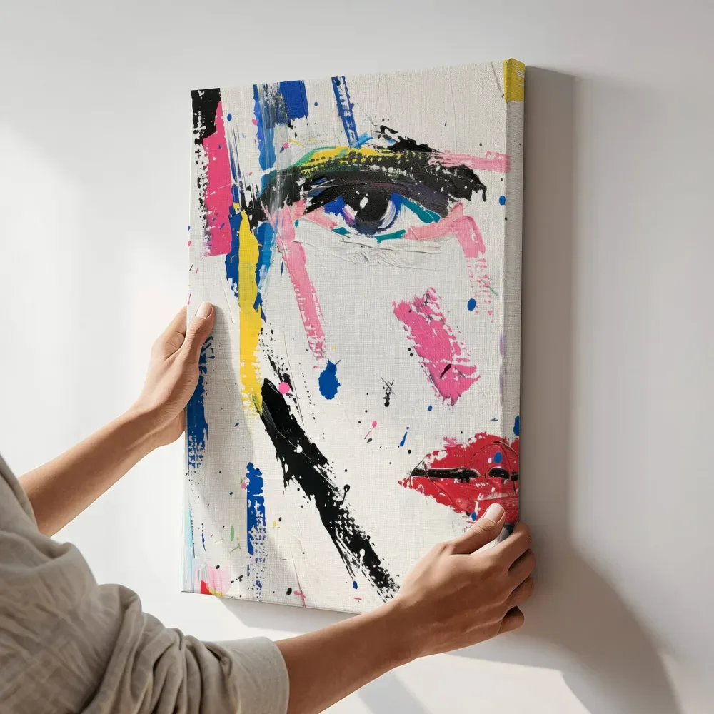 Sfeerimpressie: Abstract oog en lippen terwijl het aan de muur wordt gehangen