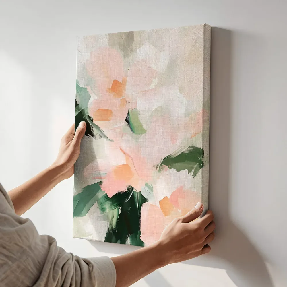 Sfeerimpressie: Abstract perzik bloemen terwijl het aan de muur wordt gehangen