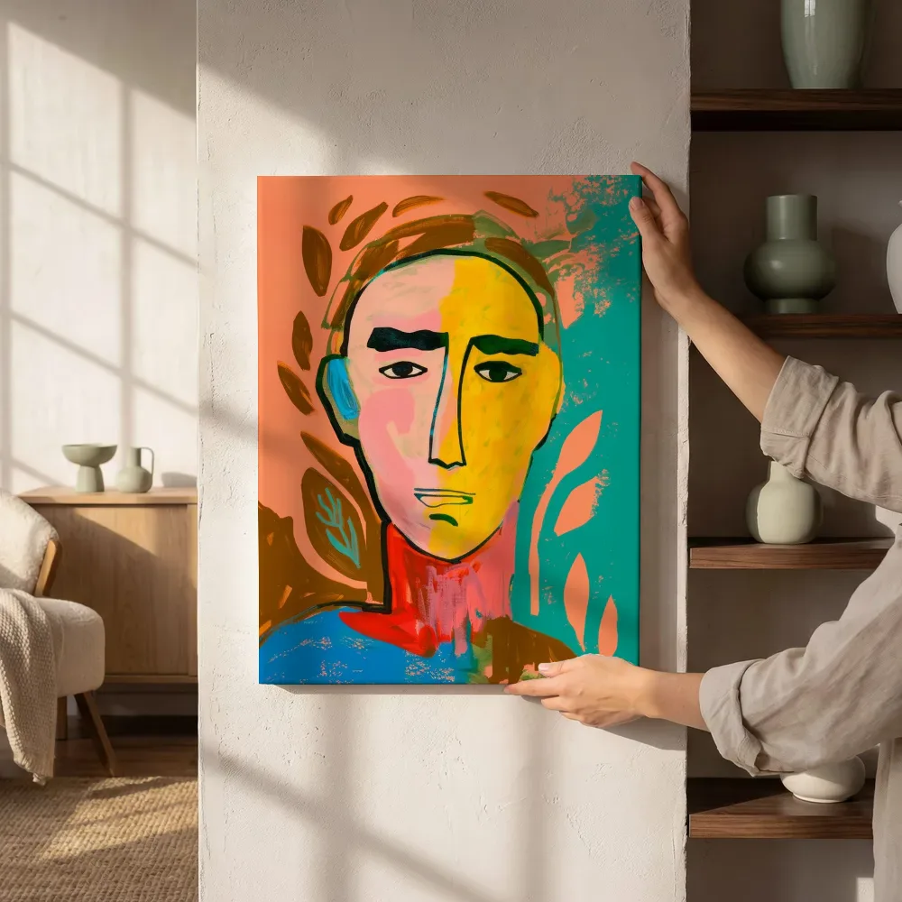 Sfeerimpressie: Abstract portret in twee kleuren naast de kast