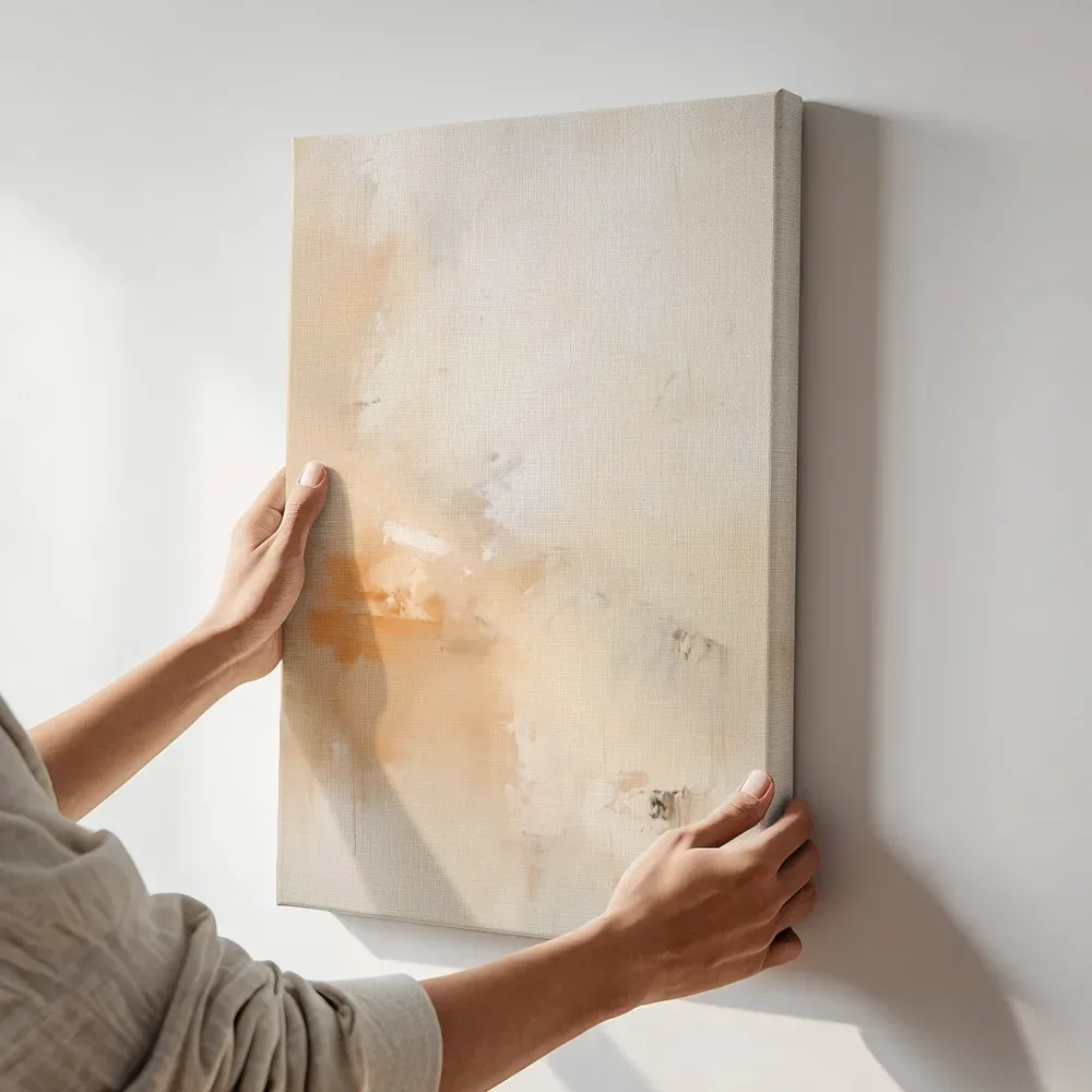 Sfeerimpressie: Abstracte terracotta compositie terwijl het aan de muur wordt gehangen