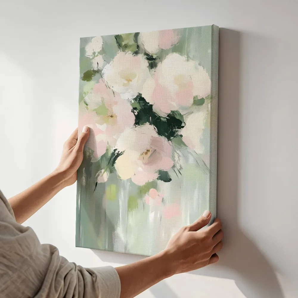 Sfeerimpressie: Abstract witte rozen terwijl het aan de muur wordt gehangen