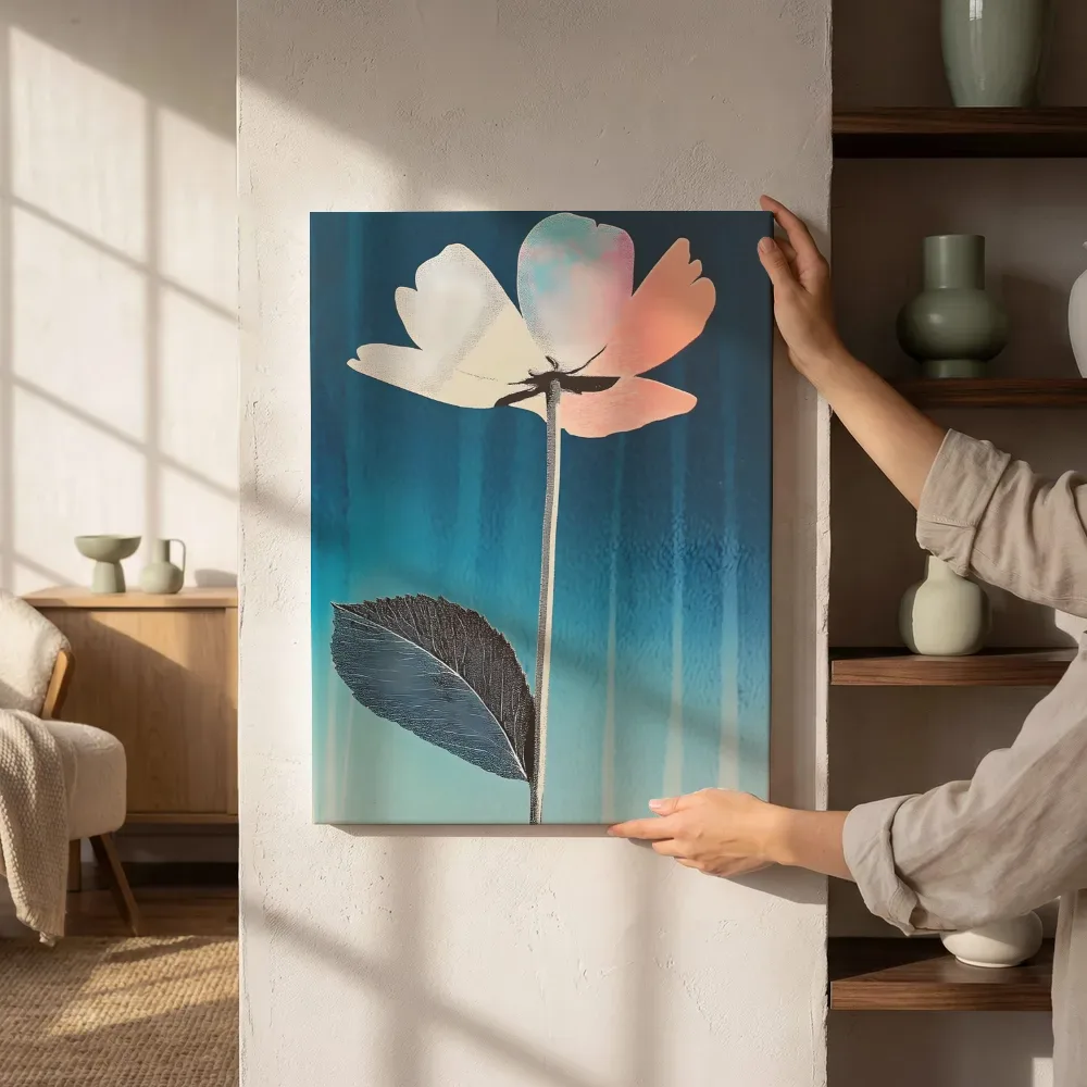 Sfeerimpressie: Abstracte bloem op turquoise naast de kast