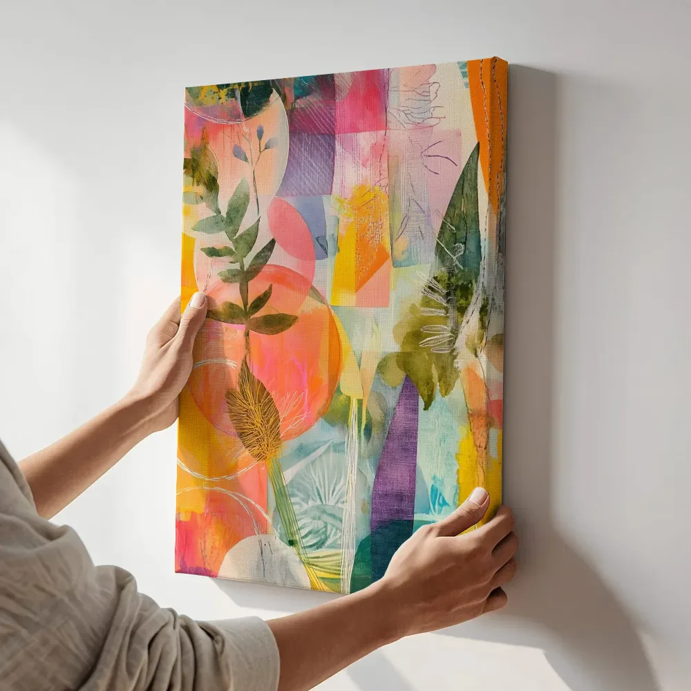 Sfeerimpressie: Abstracte botanische collage met cirkels terwijl het aan de muur wordt gehangen
