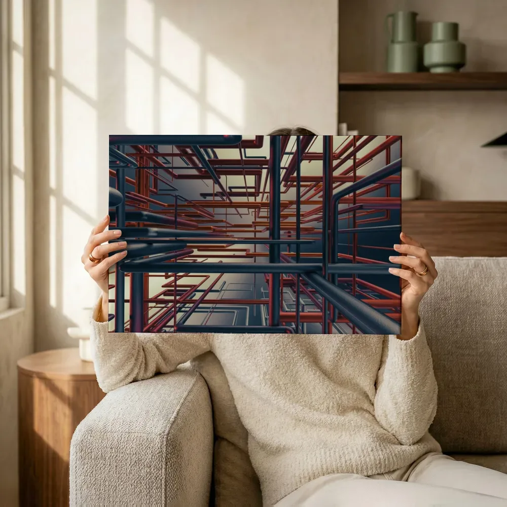 Sfeerimpressie: Abstracte rode en blauwe buizenstructuur terwijl het omhoog wordt gehouden