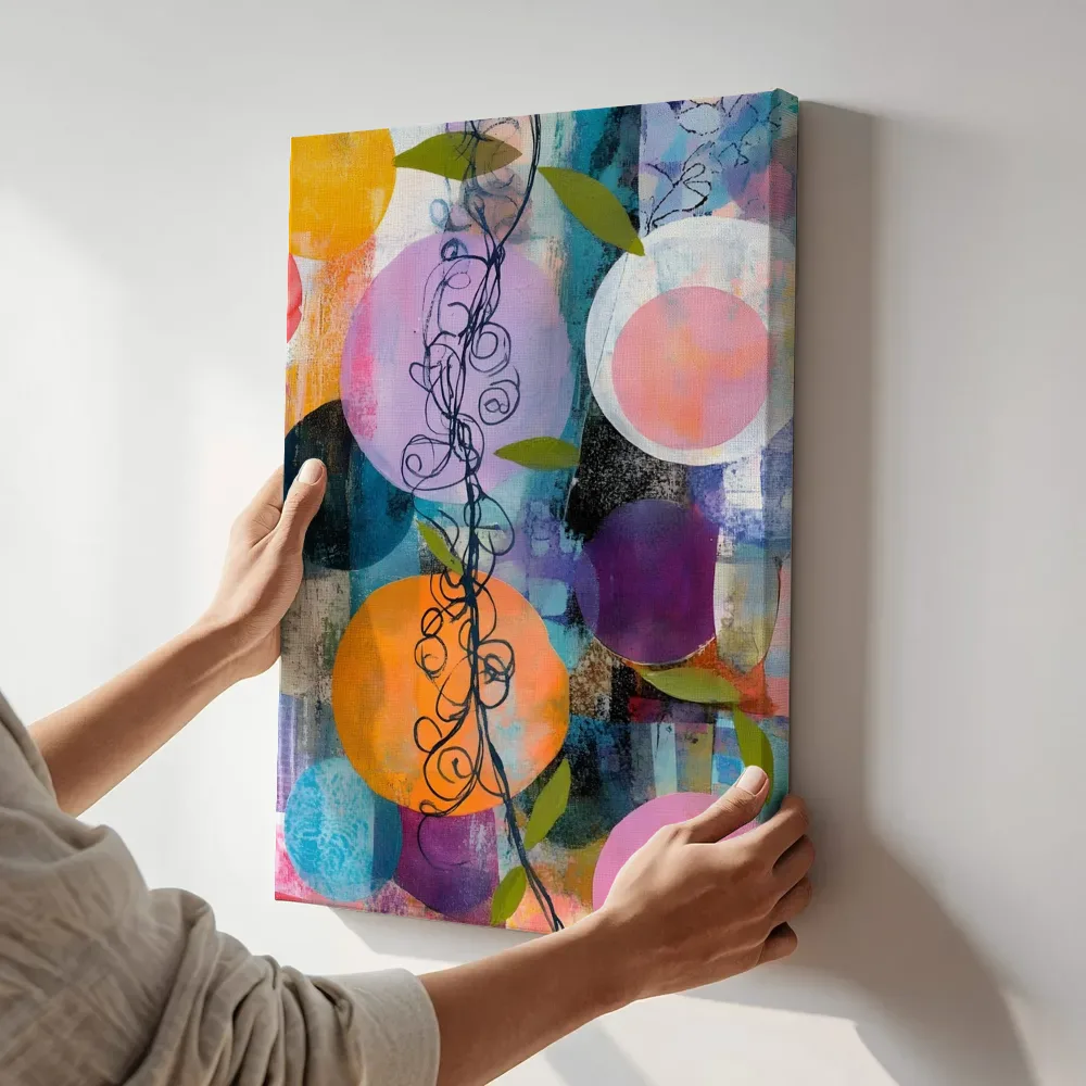 Sfeerimpressie: Abstracte cirkels bloementak terwijl het aan de muur wordt gehangen