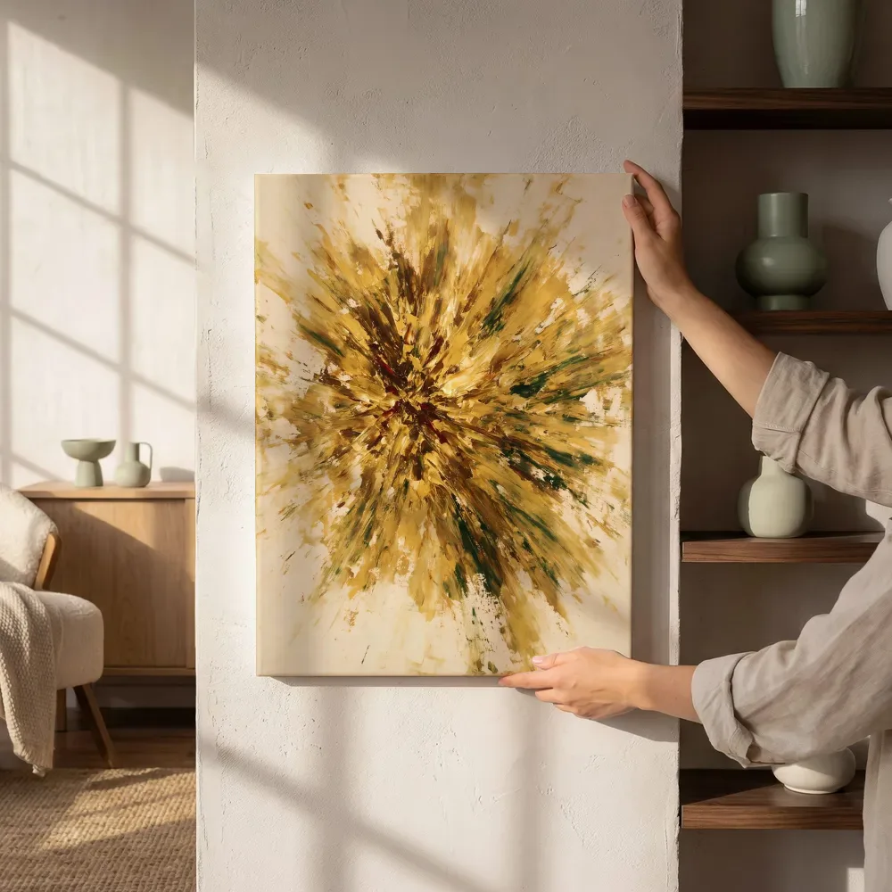 Sfeerimpressie: Abstracte compositie als kleurexplosie in goud naast de kast