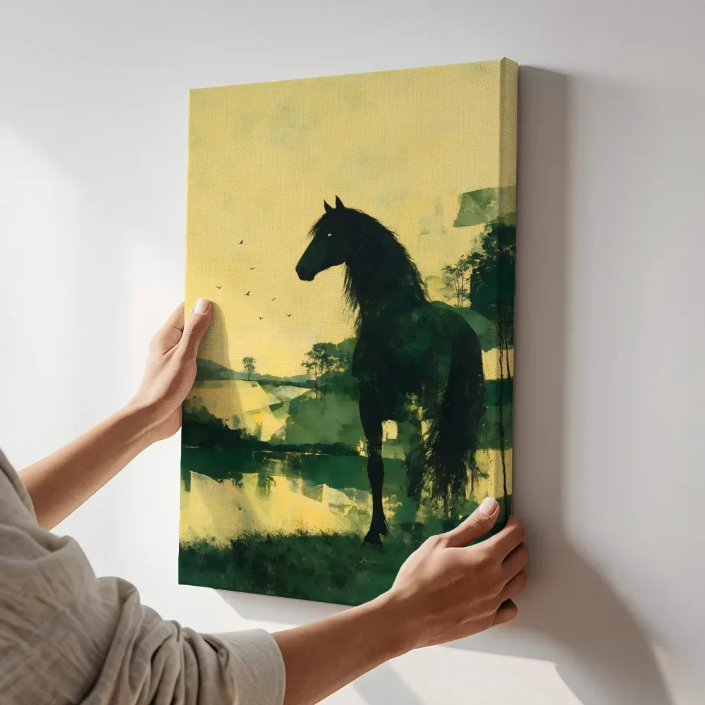 Sfeerimpressie: Paard in bosgroen met groen terwijl het aan de muur wordt gehangen