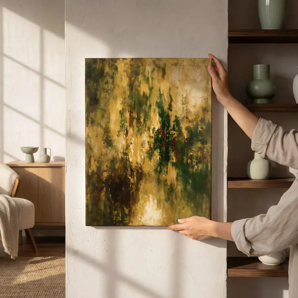 Sfeerimpressie: Abstracte compositie in dunne laagjes, goud naast de kast