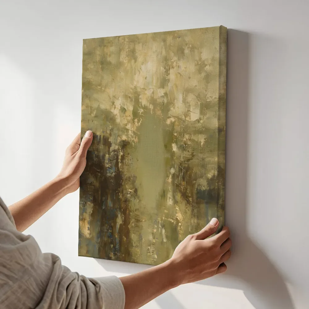 Sfeerimpressie: Abstracte compositie in dunne laagjes, kaki terwijl het aan de muur wordt gehangen