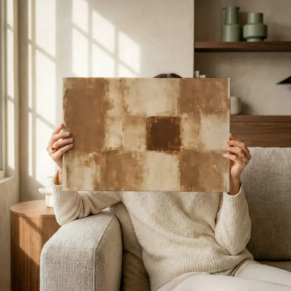 Sfeerimpressie: Abstracte compositie in dunne laagjes met oranje terwijl het omhoog wordt gehouden