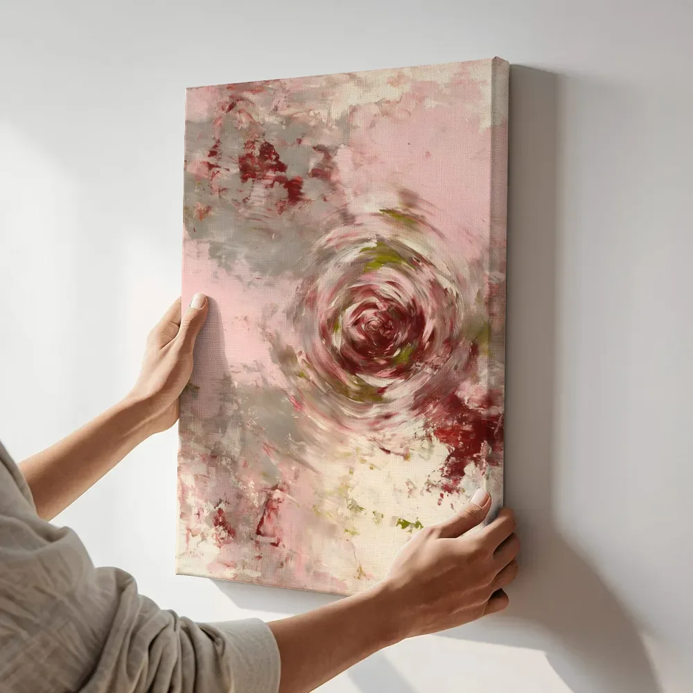 Sfeerimpressie: Abstracte compositie in dunne laagjes, poederroze met terracotta terwijl het aan de muur wordt gehangen
