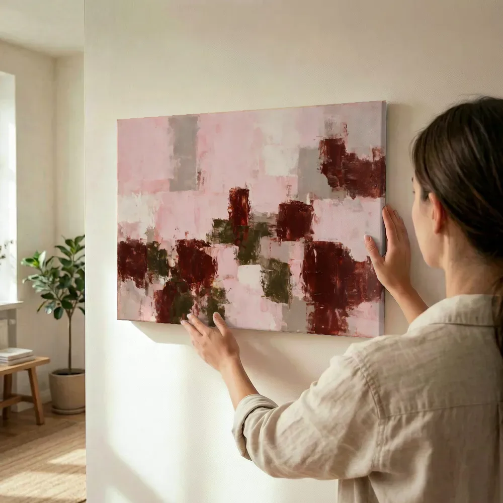 Sfeerimpressie: Abstracte compositie in dunne laagjes, poederroze terwijl het wordt opgehangen