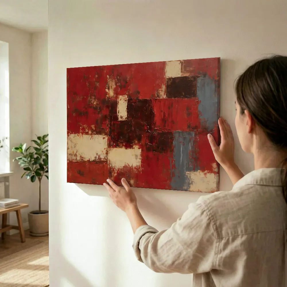 Sfeerimpressie: Abstracte compositie in dunne laagjes, rood met groen terwijl het wordt opgehangen