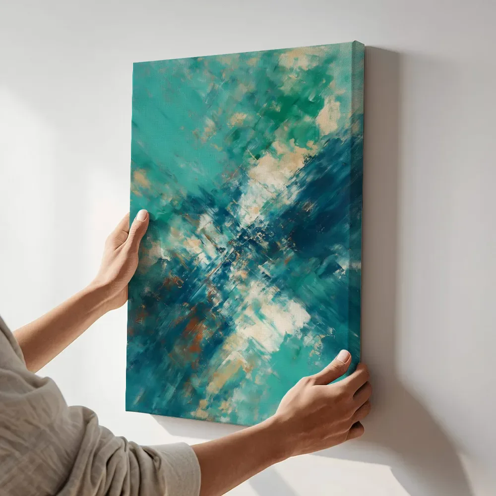 Sfeerimpressie: Abstracte compositie in dunne laagjes, turquoise terwijl het aan de muur wordt gehangen