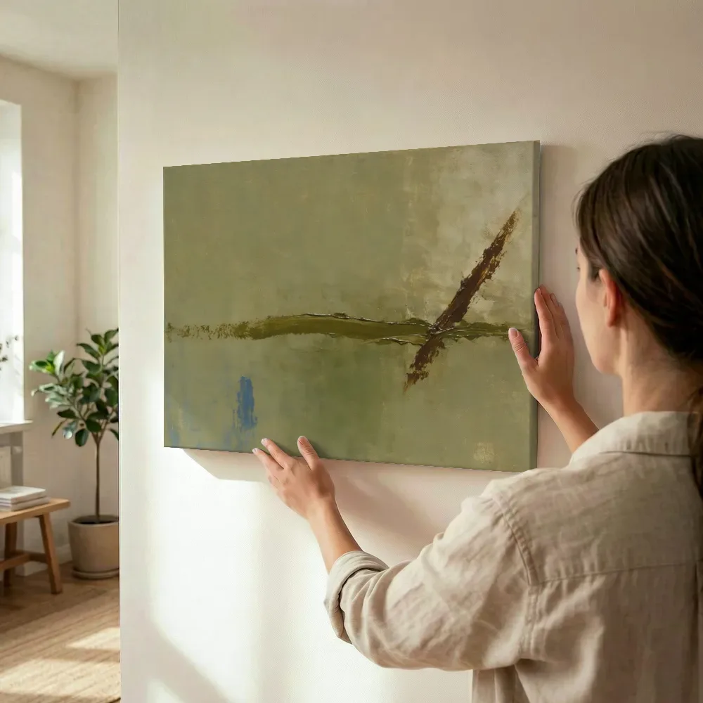Sfeerimpressie: Abstracte compositie in kaki terwijl het wordt opgehangen