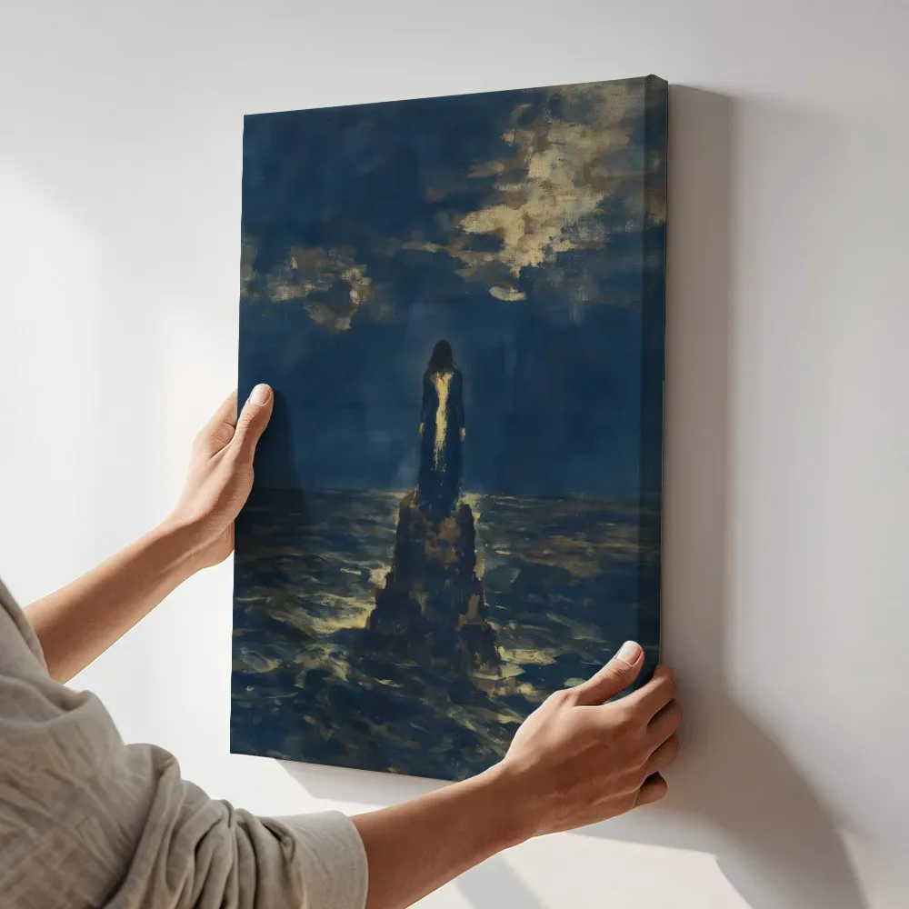 Sfeerimpressie: Abstracte compositie in nachtblauw met kobaltblauw terwijl het aan de muur wordt gehangen