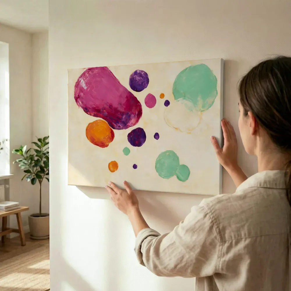 Sfeerimpressie: Abstracte compositie in organische vormen en drijvend, magenta terwijl het wordt opgehangen
