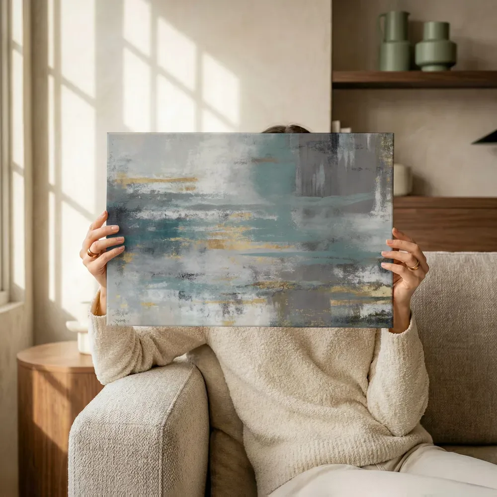 Sfeerimpressie: Abstracte compositie in petrolblauw en goud terwijl het omhoog wordt gehouden