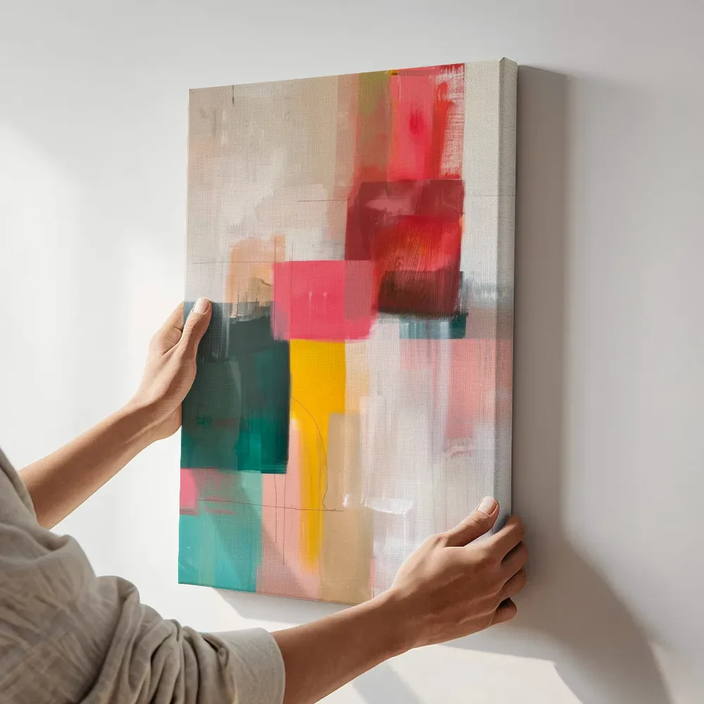 Sfeerimpressie: Abstracte compositie in rood en geel terwijl het aan de muur wordt gehangen